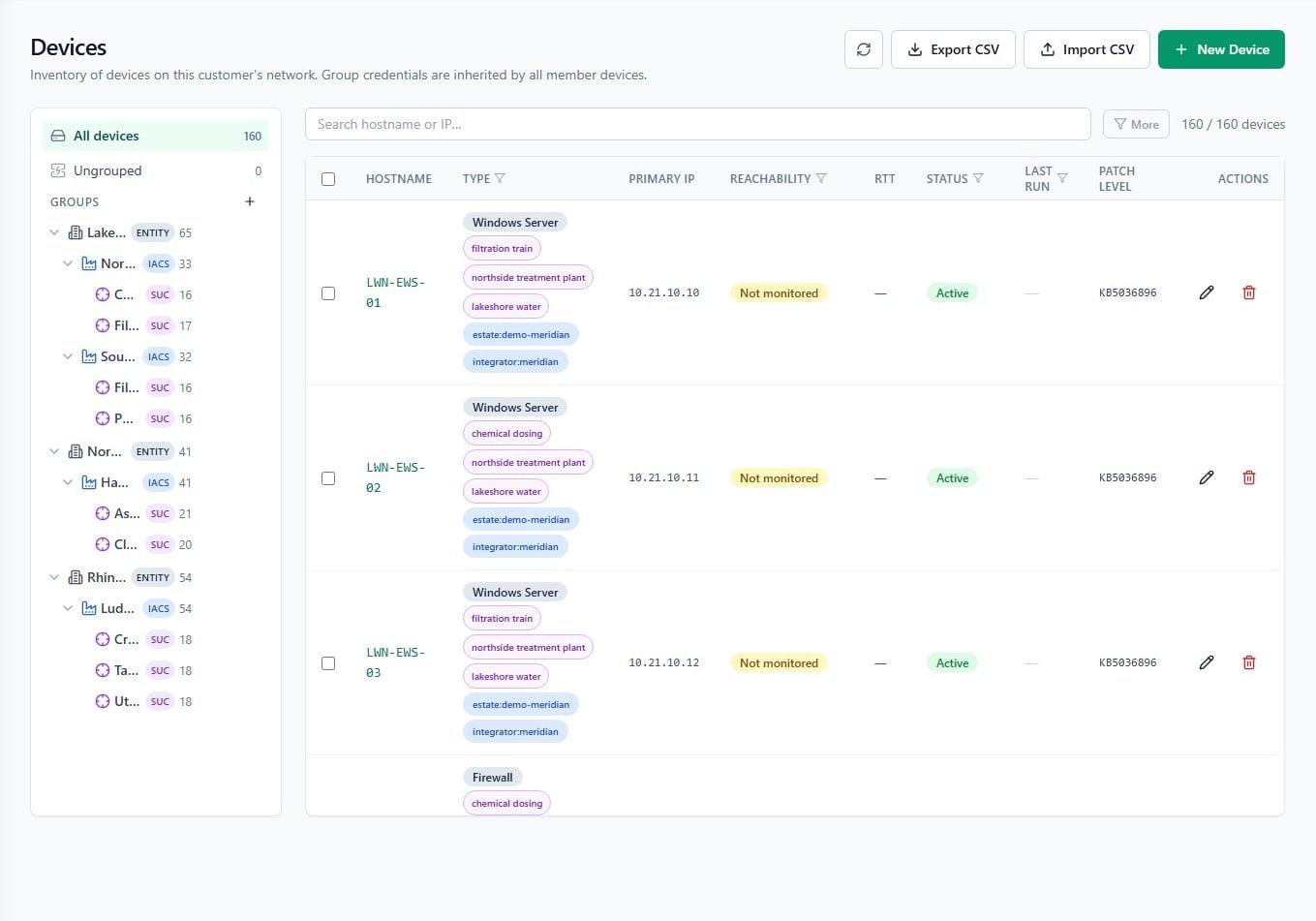 Device inventory with the estate tree on the left and a device table on the right