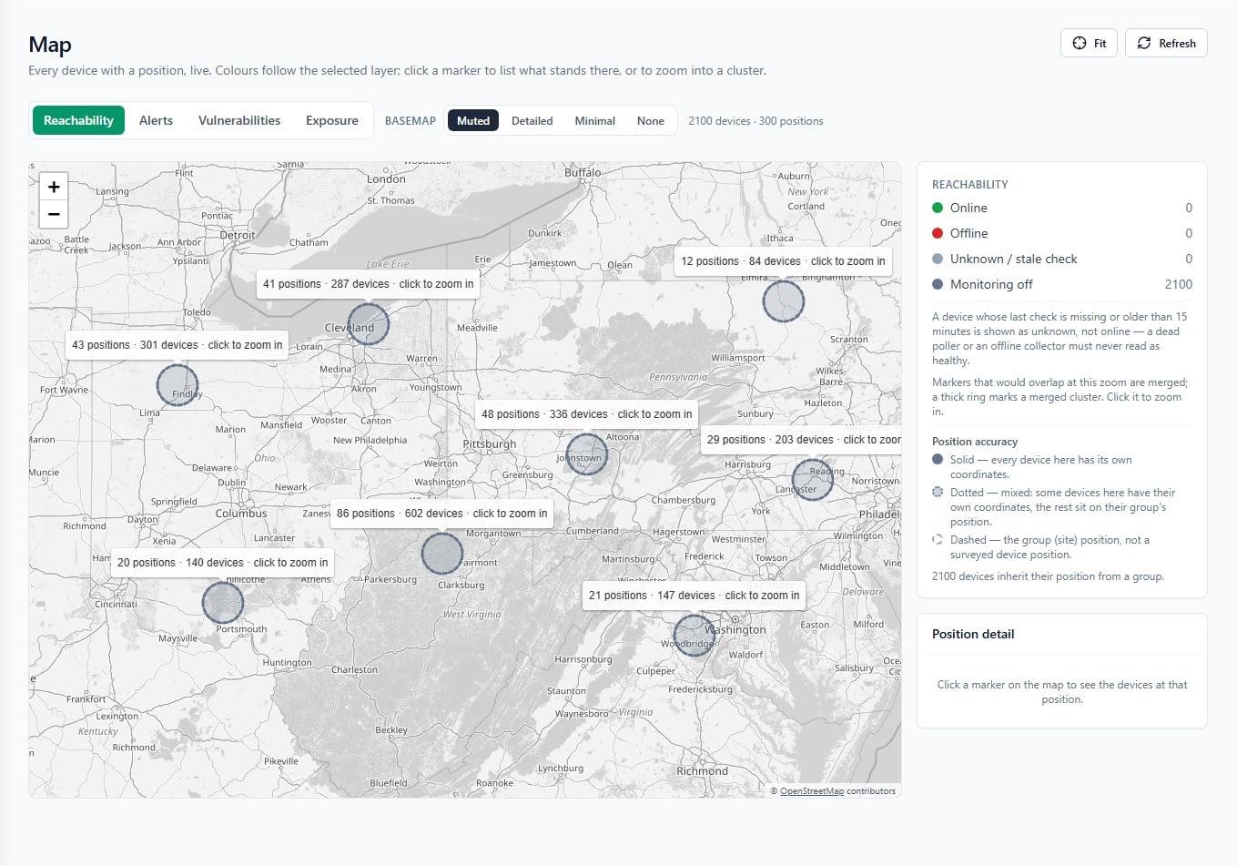 Map of 300 positions with merged clusters of devices across the north-eastern United States