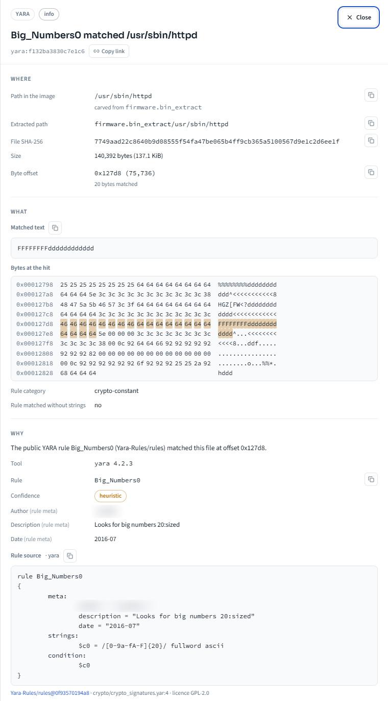 Proof drawer for a signature match with a hex view of the matched bytes and the rule source