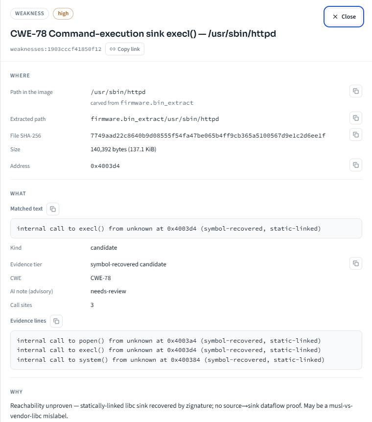 Proof drawer for a command-execution candidate with where, what and why sections