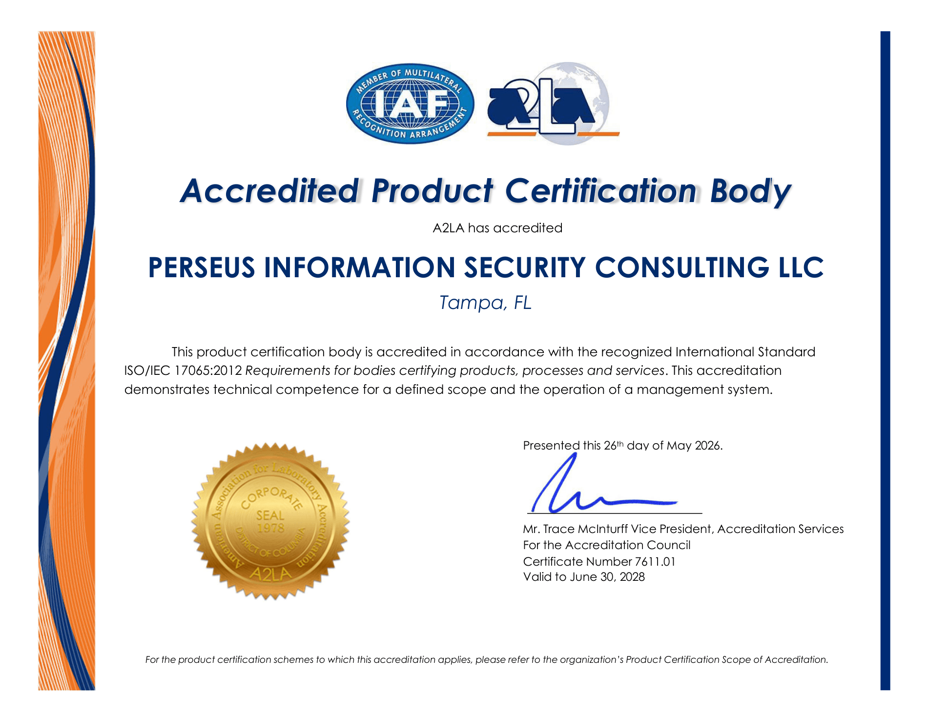 A2LA — ISO/IEC 17065 Product Certification Body