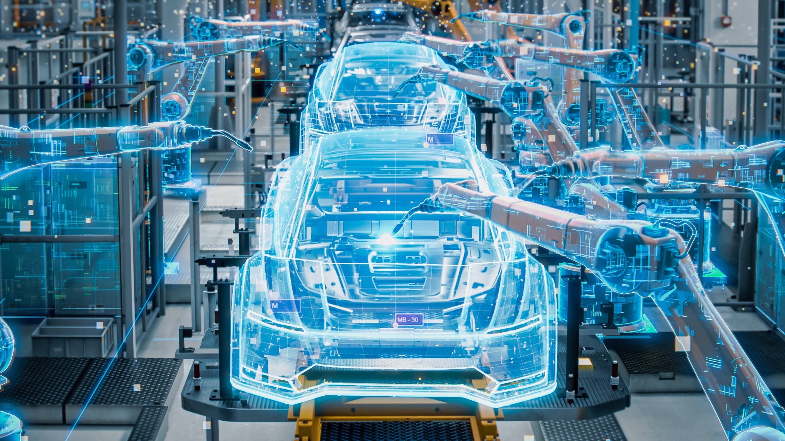 Front View Car Factory Digitalization: Automated Robot Arm Assembly Line Manufacturing High-Tech Sustainable Electric Vehicles